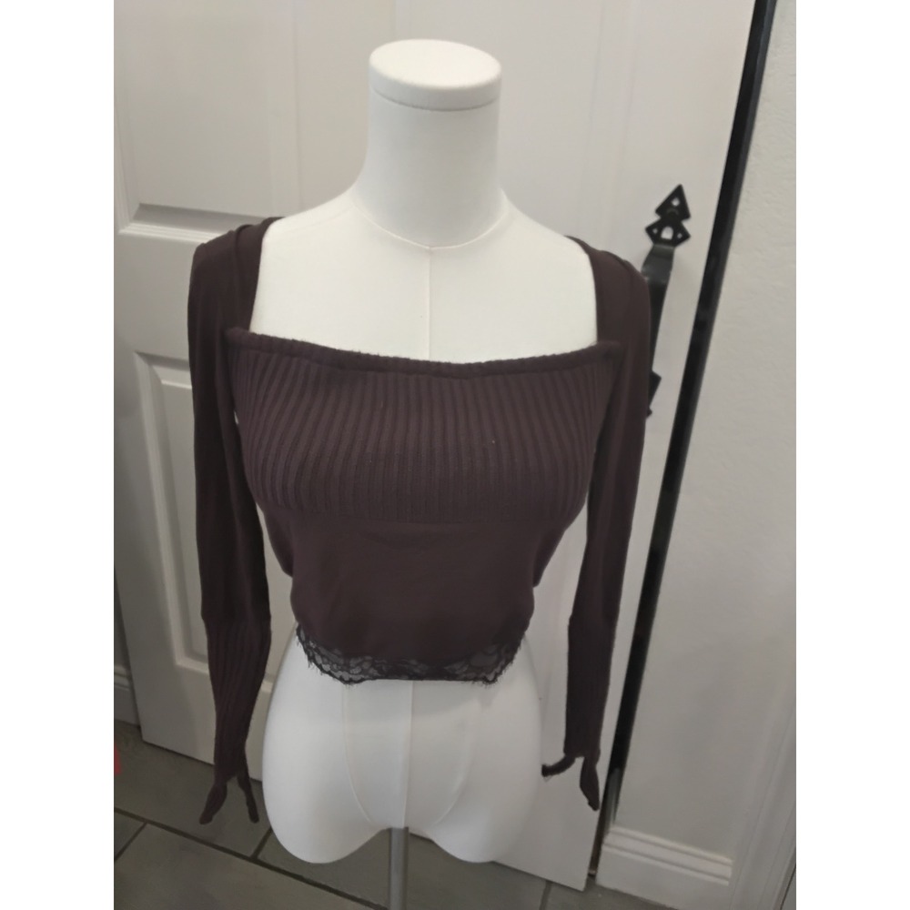 Zemeta Brown Mixed Media Ribbed Lace Trim Long Sleeve Crop Top Womens Small